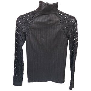 Free People Black Ribbed Mock Neck Keyhole Back Lace Sleeves Size Medium